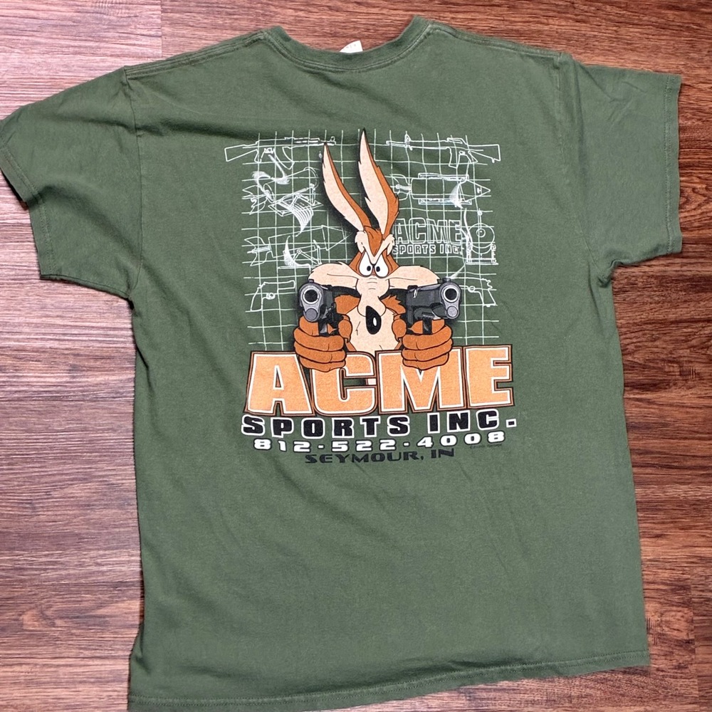 Looney Tunes Wile E Coyote ACME Sports Inc Green T Shirt Large Double Sided